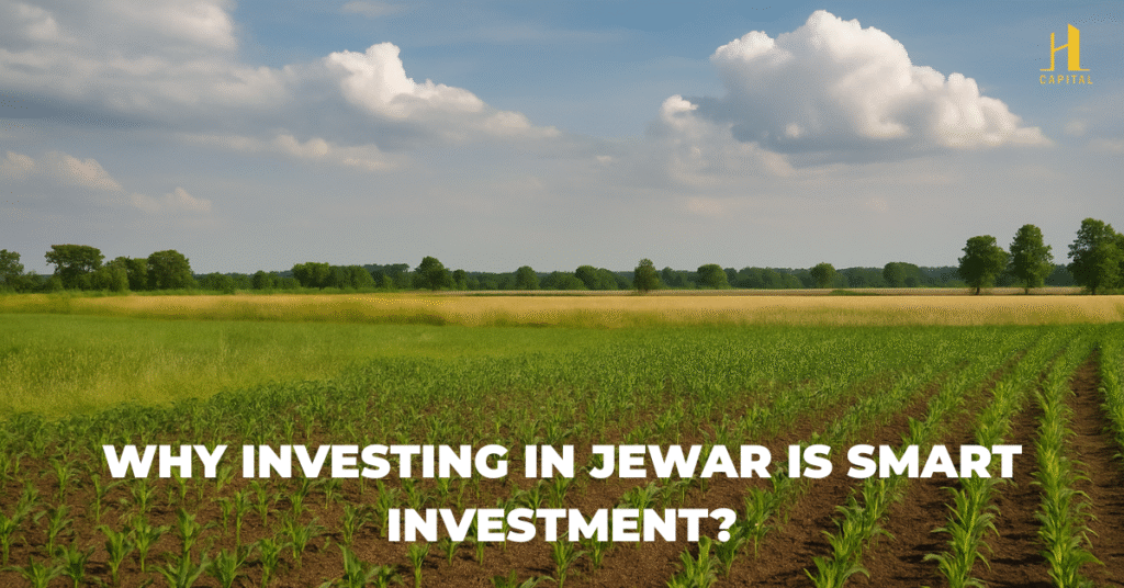 Lush green agricultural land near Noida under a clear blue sky — ideal for investment and farming in 2025.